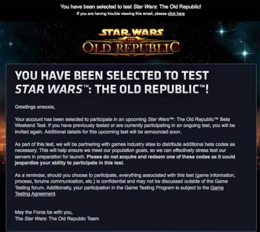 You have been selected to test Star Wars: the Old Republic